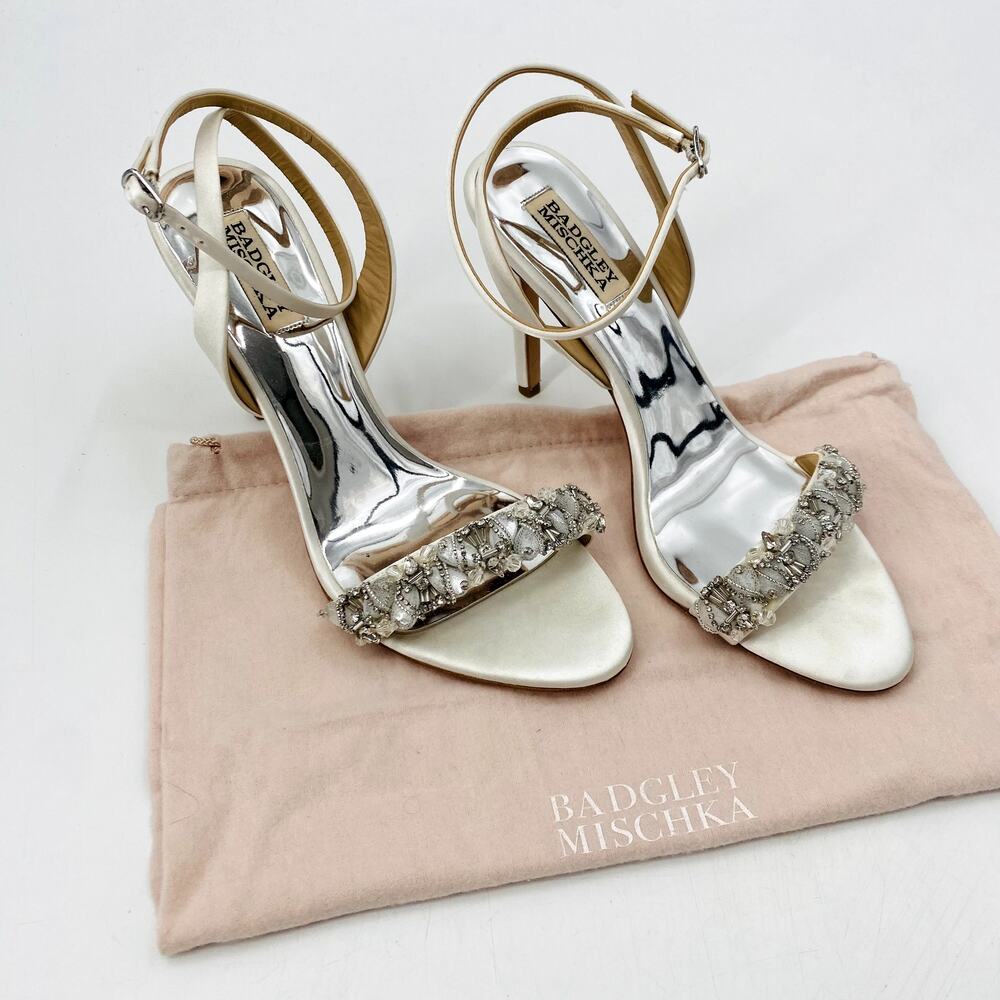 Badgley Mischka Ivory White Satin Rhinestone Heels